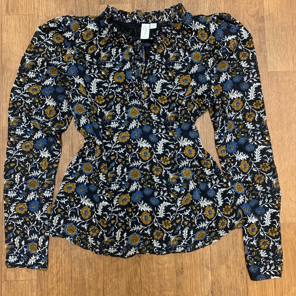 Joie Swiss Dot Floral Print Ruffled Split Tie Neck Blouse Puff Sleeves Size S